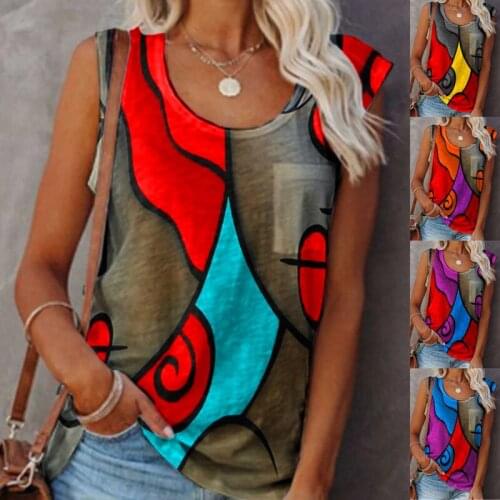 2021 Summer T-shirt Casual Color Contrast Printing Womens Vest Sleeveless T-shirt
