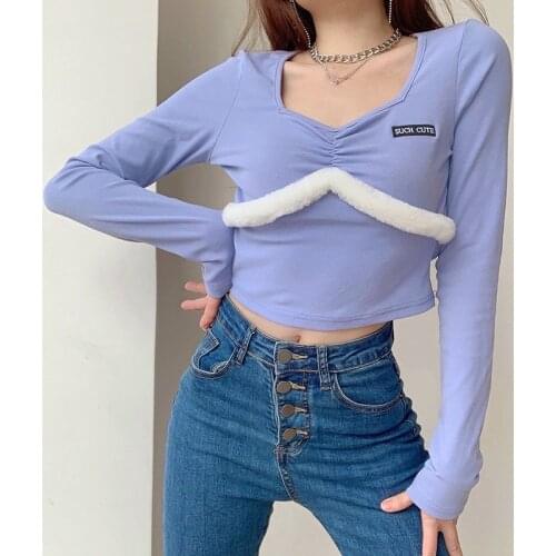 Womens Fashion Square Collar Folded Fur Stitching Slim Short Long Sleeve T-Shirt Tops