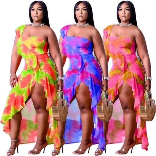 L-4XL summer 2021 plus size women clothing club sexy printing irregular Ruffle sleeveless Slit dress Wholesale Dropshipping