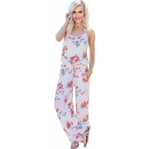 Women Off Shoulder Summer Floral Print Sleeveless Spaghetti Strap Sling Beach Romper Womens Bodysuit Playsuit Wide Leg Jumpsuit