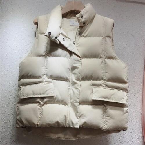 Korean White Black Khaki High Quality Womens Waistcoat Autumn Winter Loose Short Down Jacket Vests Stand Collar Warm Parkas New