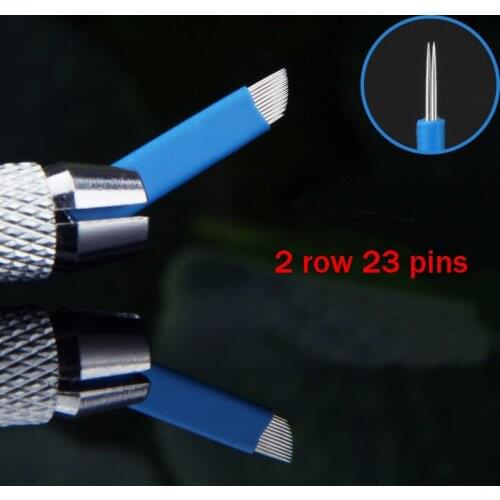 10pcs Double Rows 23 Needles Eyeline Microblading Blades Manual Tattoo Needles Disposable Stainless Steel Blue Permanent Makeup