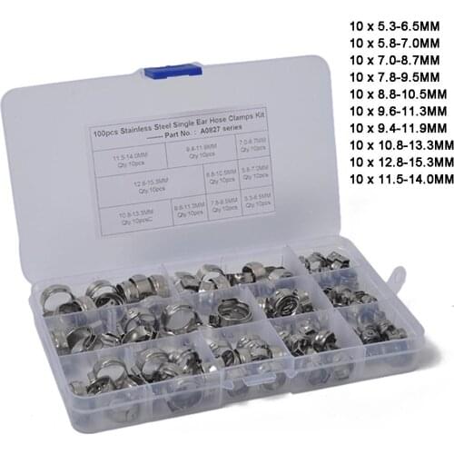 100 x 5.3-15.3mm Single Ear Plus Stainless Steel Hydraulic Hose Clamps O-Clips Pipe Fuel Air