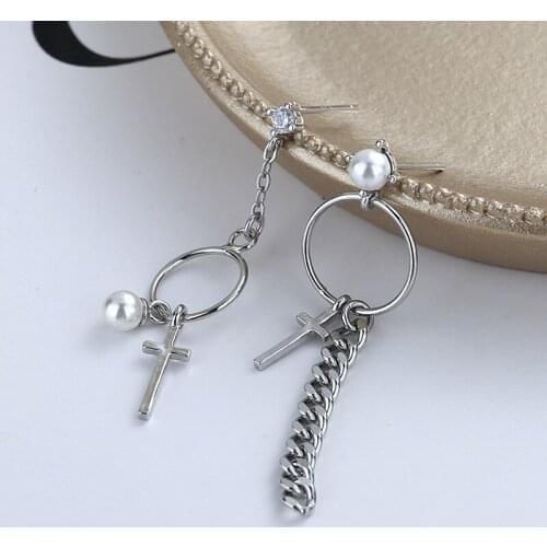 Cross Asymmetrical Drop Earrings For Women Circle Chain Pearl Geometric Fashion Personality Hot Student Lady Jewelry BOYULIGE