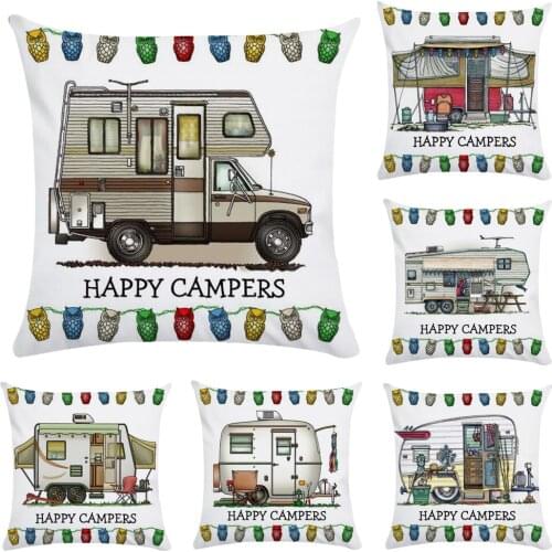 Happy and Campers Car Cushion Cover Polyester Happy Throw Pillow Case For Sofa Home Pillowcase Cushion Cover CR127