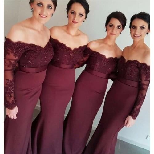 Long Sleeves Off The Shoulder Mermaid Burgundy Bridemaid Dresses African Appliqued Lace Prom Dress Wedding Party Gowns