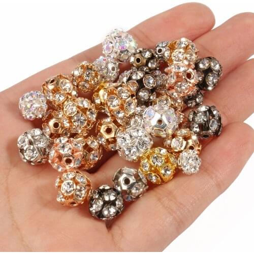 50pc/Lot 6mm 8mm 10mm Gold Silver Color Rhinestone Round Loose Beads Metal Crystal Beads for Jewelry Making DIY Accessories