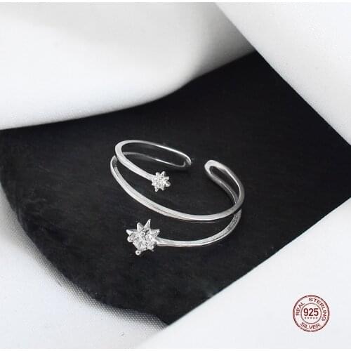 LKO 925 Sterling Silver Shine Zircon Star Adjustable Ring For Women Party Ornaments Minimalist Fine Jewelry Cute Gift