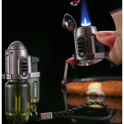 Metal lighters Lanyard portable Cigar Butane Lighters Cigarette Lighter Windproof Gas Lighter Torch Small Spray Gun Blue Flame