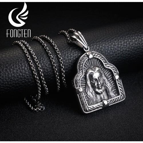 Fongten Retro God Jesus Face Pendant Necklace Black Stainless Steel Punk Viking Men Fashion Jewelry