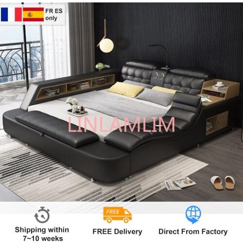 Genuine leather bed frame Soft Beds massager storage safe speaker LED light Bedroom cama iphone recharging bluetooth safe USB