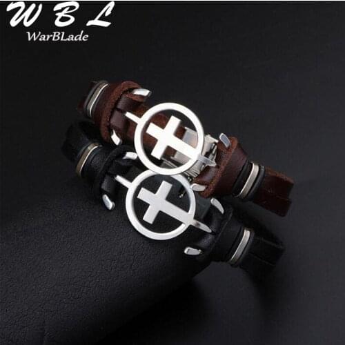 WarBLade New Fashion Cross Bracelet Bangles stainless steel Genuine Leather Bracelet For Women Men Charm Jewelry pulseira 2019