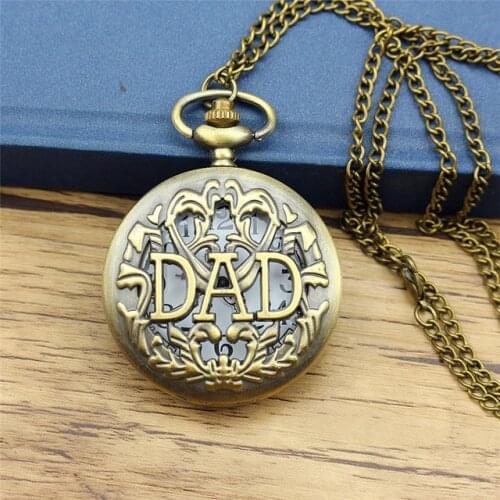 Fathers Day Gift DAD Theme Vintage Bronze Fob Pocket Watch With Necklace chain quartz watch Best Present To Father Daddy