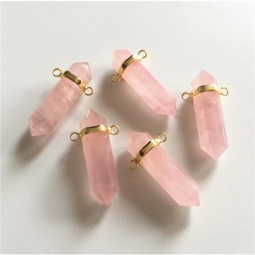 FUWO Pink Crystal Pendant With 24K Gold Filled Brass Bezel Fashion Double Bails Rose Color Quartz Point Pendant Wholesale PD186