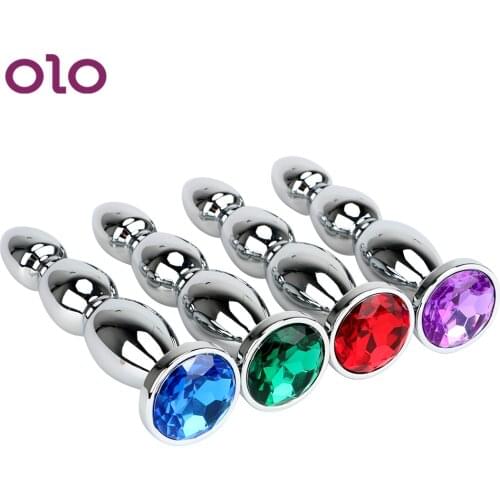OLO Prostate Massage Big Size Jewel Anal Plug Stainless Steel Long Butt Plug Sex Toys for Women and Men Metal Anal Beads