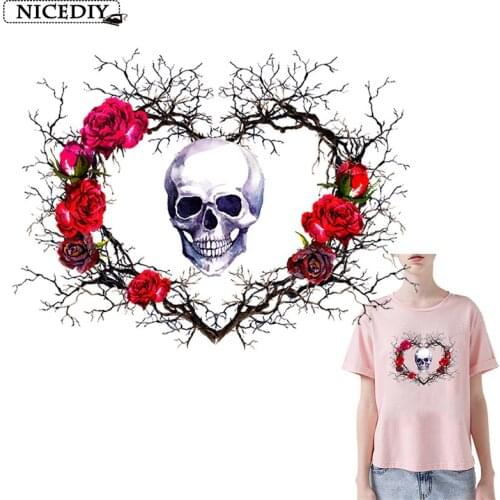 Nicediy Iron On Transfers For Clothes Rose Flower Skull Patches Hippie Heat Transfer Vinyl Sticker Thermal Transfer Applique DIY