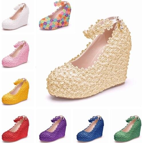 Crystal Queen Flower Wedding Shoes Multicolour Lace Pearl High Heels Sweet Bride Dress Shoes Beading Wedges Women Pumps