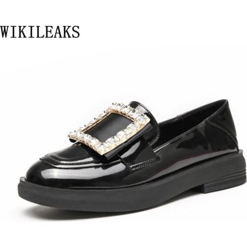 Crystal Patent Leather Leather Platform Casual Shoes Korean Fashion Slip on Shoes for Women Block Heels Oxford Shoes for Women