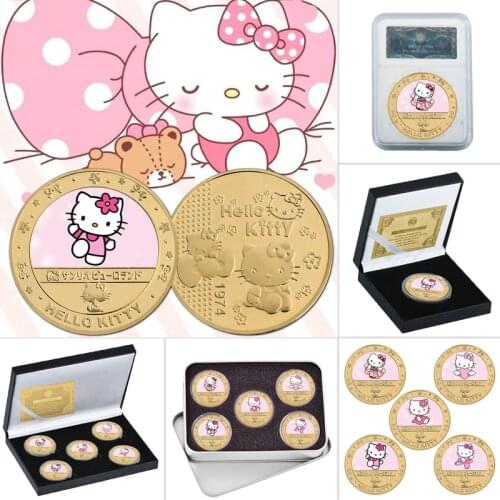 Japan Anime Cartoon Gold Plated Commemoative Coin Set Collectibles with Coin Holder Cat Kitten Challenge Coin Gift for Her Girls