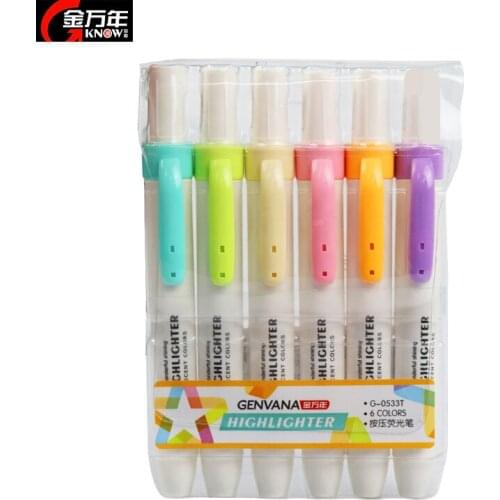Know G-0533T Press Type Highlighters 6 Colors Kawaii Art Marker Pens Candy Colors Bright Fluorescent Pen Drawing Marking Focus