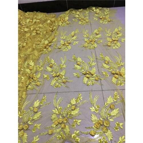 Yellow color Beaded 3d flowers YG-783 best quality embroidered african tulle mesh lace fabric beads for fashion show dress