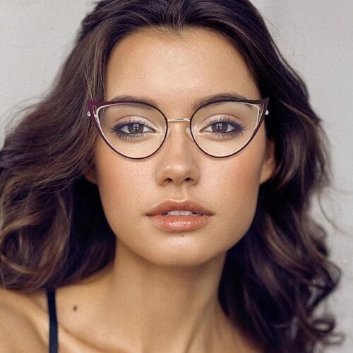 80103 Anti-blue Light Cat Eye Metal Glasses Frame Acetate Fiber Feet Women Optical Fashion Computer Eyeglasses