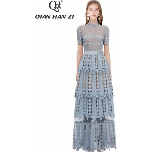 Qian Han Zi 2019 designer fashion runway Maxi dress Womens Short Sleeve Hollow Out Embroidered Lace Elegant Long Party Dresses