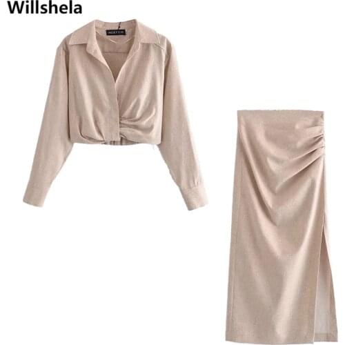 2021 New Women Two piece set Linen Blend Cropped Shirt & Draped Skirt Spring Summer Fashion Casual Cozy Woman 2 piece set