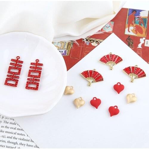 6pcs Drip Oil Insert Double Happiness Fan Love Earrings Material Accessories Wholesale Style Alloy Diy Chinese Women Letter