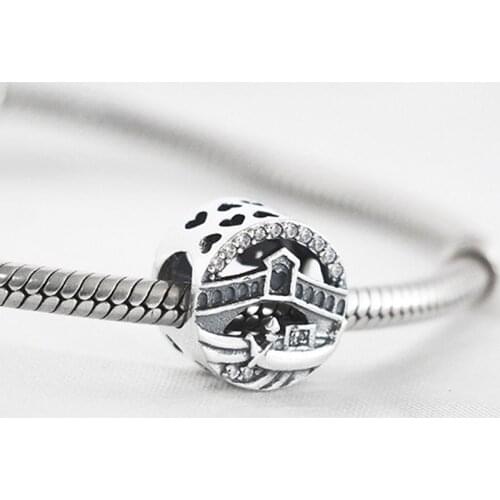 Authentic S925 Bead Openwork Bridge Charm fit Lady Bracelet Bangle Girl Birthday Gift DIY Jewelry Clear CZ