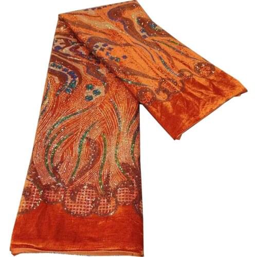 Free shipping (5yards/pc) Newest orange African smooth velvet lace fabric with very beautiful embroidery for party dress FHS080
