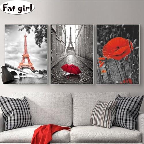 Black and white background poster diamond painting Red umbrella poppies embroidery mosaic square round cross stitch modern decor