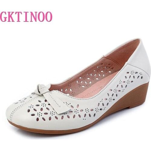 GKTINOO Spring Summer Women Shoes Genuine Leather Casual Slip-on High Heels Hollow Out Wedges Shoes Women Pumps Large Size