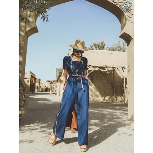 Jumpsuit Women Spring Summer Thin Washed Cotton Denim Soft Wide Leg Pants Casual Breif Daily Ribbon Jeans Jumpsuit Overalls