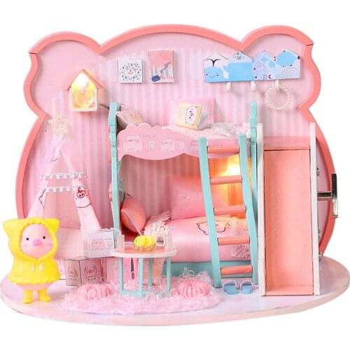 Doll House Furniture DIY Miniature 3D Wooden Dollhouse Toys Assembled Crafts Artwork Toy Children Birthday Gifts Pink Pig Girl