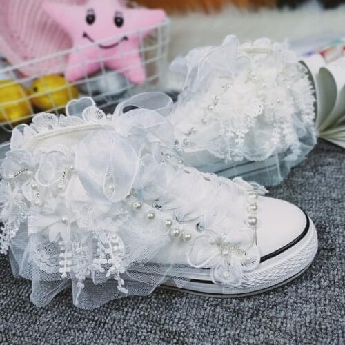 Summer handmade lace pearl ladies canvas shoes fashion casual sweet wind white inner increase 5 cm wedding shoes single shoes