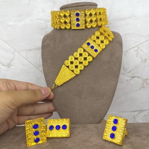 Conjuntos de joias etíopes de cor dourada, pedras coloridas, colar/brincos/anel/pulseira, bracelete africano, casamento erército
