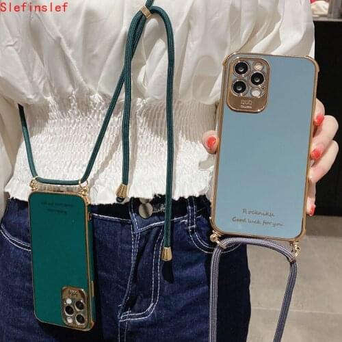Plating Solid Shockproof Phone Case for huawei P40 P30 mate 30 Pro Nova 7 Honor9X 30 S Necklace Cord Chain Rope Crossbody Cover