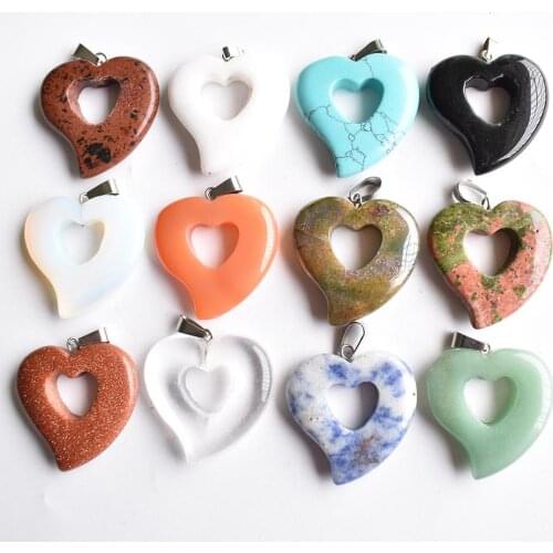 Wholesale 12pcs/lot fashion hight quality natural stone mixed hollow curved heart charms pendants for jewelry making free