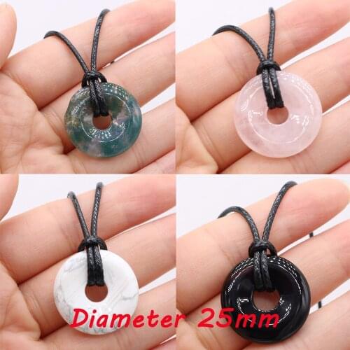 Natural Stone Agates Pendant Necklace Flat Round Amethysts Tiger Eye Amulets Necklace for Necklace Jewelry Women Gifts