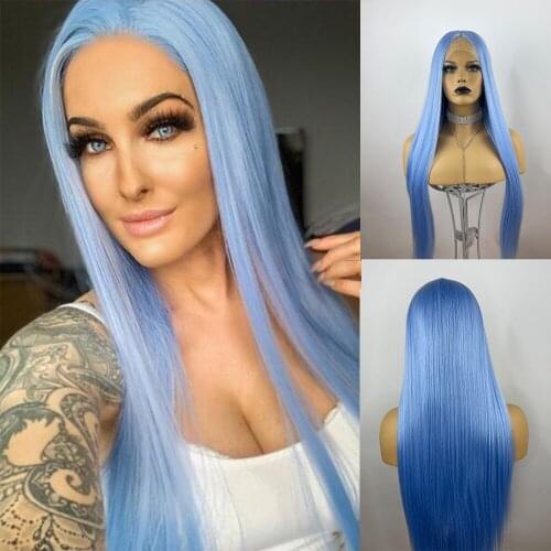 Soft Blue 13*6 Lace Front Wig Long Straight Synthetic Wigs Cosplay Party Wig For Women Temperature Fibre High Density Wigs