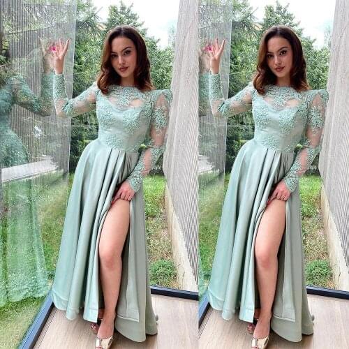 African Mint Green Prom Dresses Sheer O Neck Long Sleeve Lace Appliques Mermaid Evening Gowns Red Carpet Robe De Soiree
