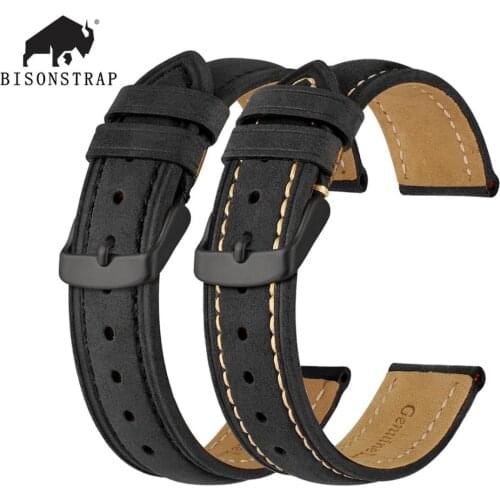 BISONSTRAP Watch Strap 14mm~24mm Retro Vintage Crazy Horse Leather Watchband with Black Buckle,Replacement Band for Men and Wome