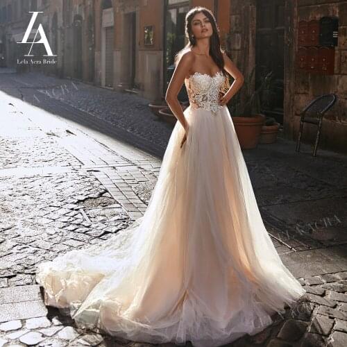 Romantic Beaded Applique Wedding Dress Boho Strapless A-Line Illusion Princess LelaAcra RY16 Bridal Customized Vestido De Noiva