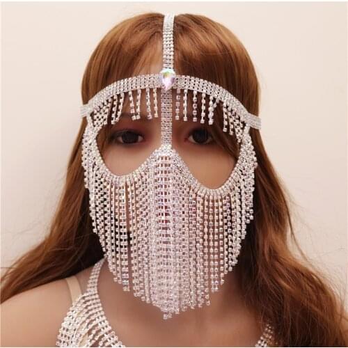 Luxury Rhinestone Tassel Cover Face Eye Mask Belly Dance Jewelry for Women Sexy Bling Crystal Masquerade Mask Face Accessories