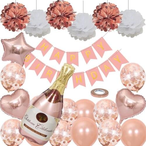 Rose Gold Birthday Decoration Set Foil Heart Balloons Big Champagne Goblet Balloon Paper Pompoms Birthday Party Decor Kids