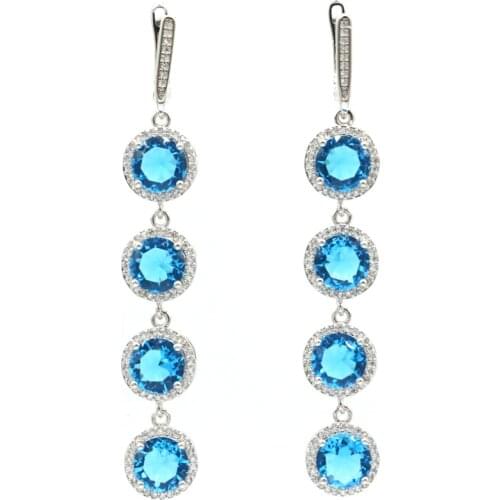 68x11mm Fancy Long Created Paris Blue Topaz White CZ Gift For Sister Jewelry Making Silver Earrings