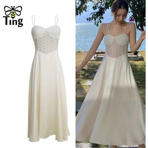 Tingfly Summer New Embroidery Lace Patchwork Silky Satin Sweet Lady Dress Backless Sleeveless Club A Line Dresses Vestidos 2021