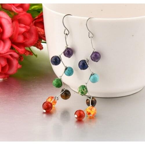 Szelam Seven Colors Stone Tiger Eye Brown Beads Long Drop Earrings For Woman Silver Dangle Earrings