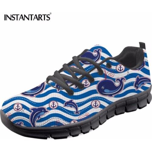 INSTANTARTS 3D Cute Dolphin Print Women Casual Sneakers Blue Fashion Breathable Lace Up Flats Shoes Student Mesh Sneakers Shoes